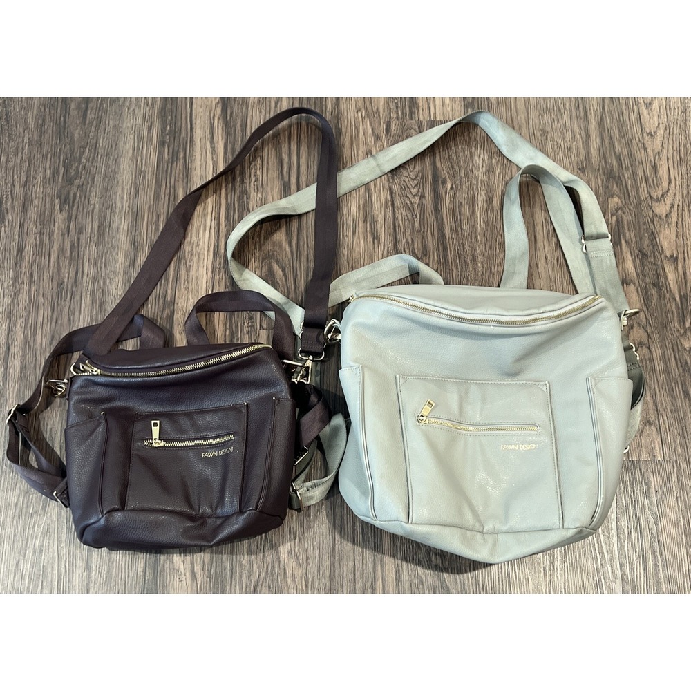 2 Fawn Design Large And Mini Backpack Messenger Diaper Bag Beige Vegan Leather